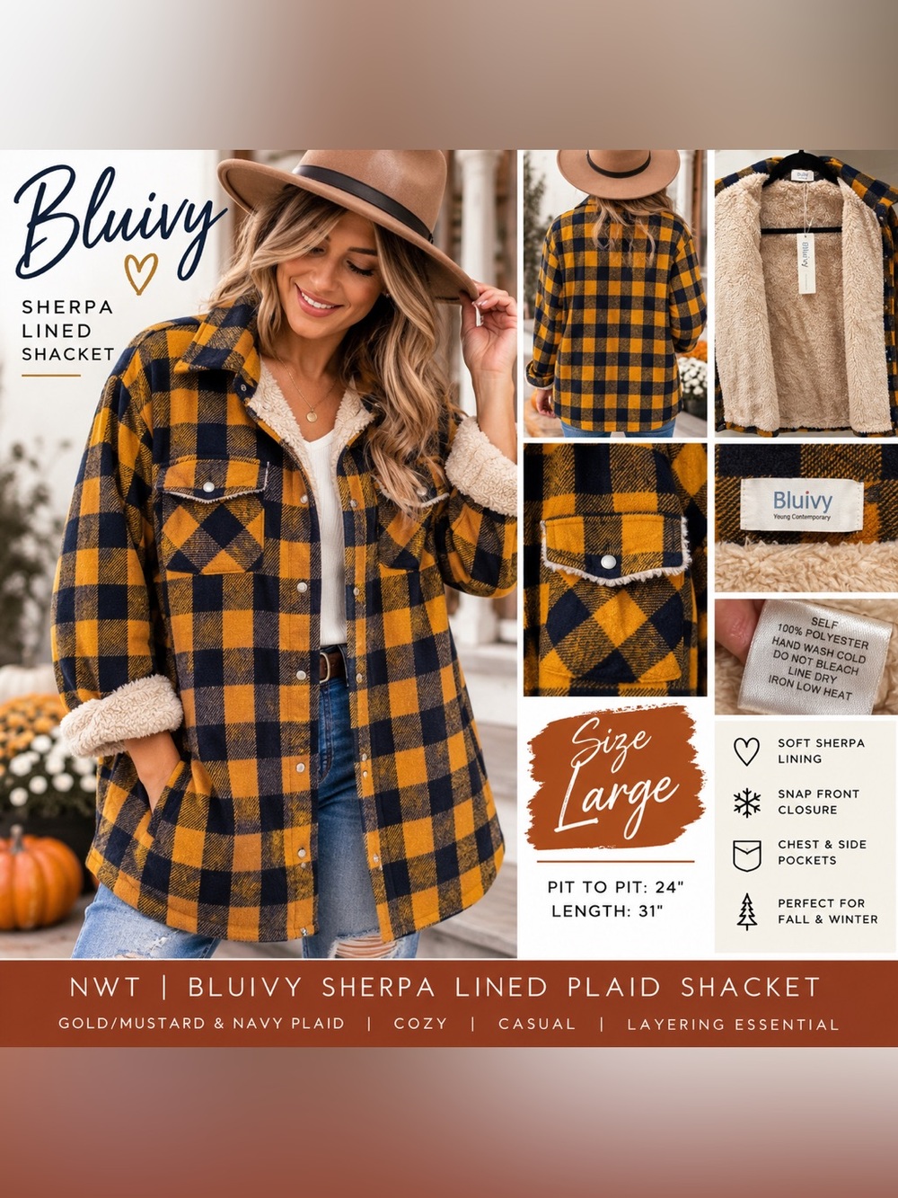 NWT Bluivy Sherpa Lined Plaid Shacket Jacket Gold Navy Size Large